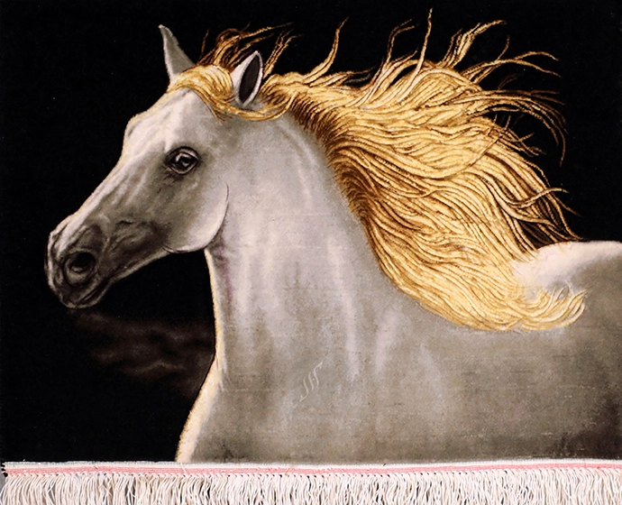 تابلو فرش حیوانات اسب یالدار طلایی