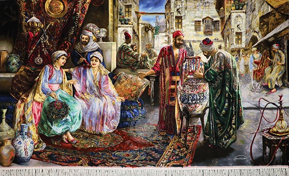 تابلو فرش دستبافت ابری طرح کوزه فروش در بازار