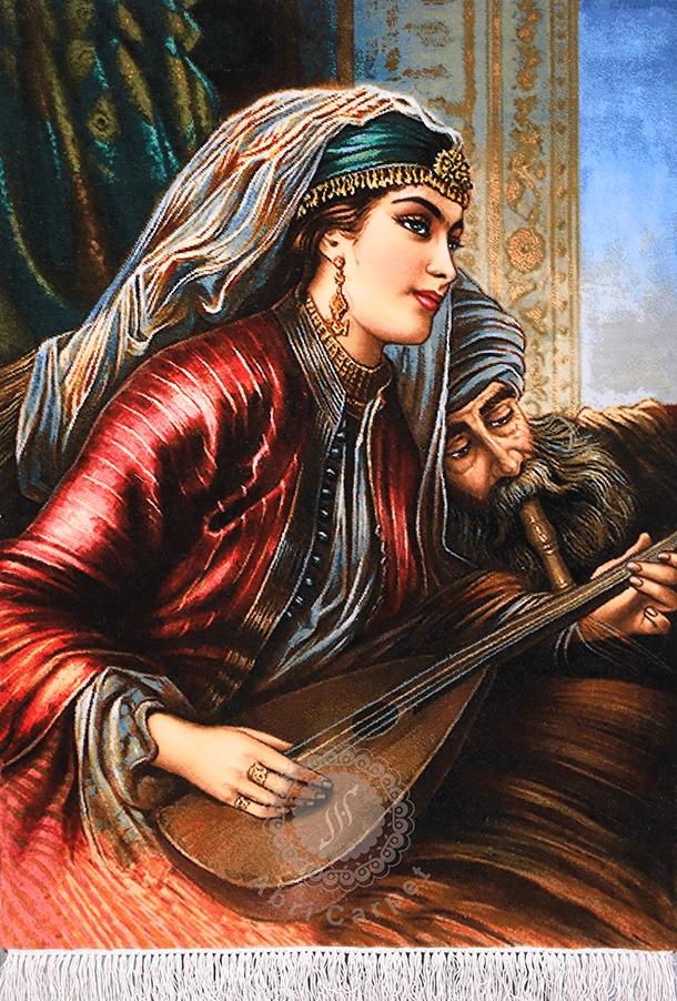 A girl playing the lute Handwoven carpet